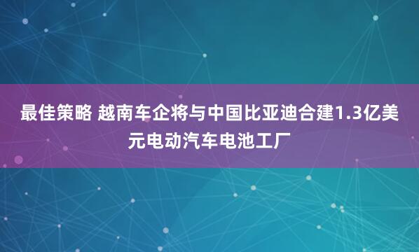 最佳策略 越南车企将与中国比亚迪合建1.3亿美元电动汽车电池工厂